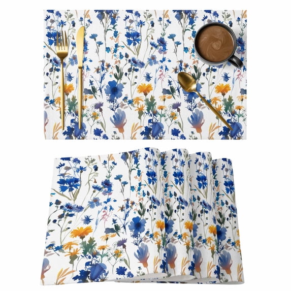 Flowers Placemats Set of 6, Hand-Painted Watercolor Blue Yellow Floral Leaf Non-Slip Place Mats Washable Table Mats for Kitchen Dining Table Decorations Indoor/Outdoor