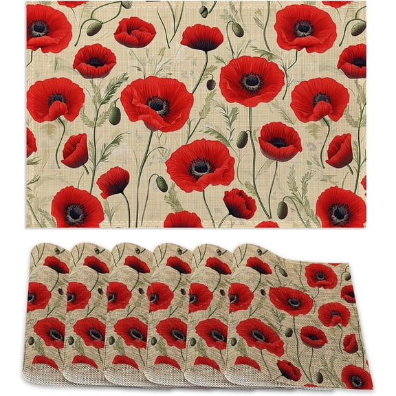 Flowers Placemats Set of 6,Red Bright Table Mates Non-Slip Heat Resistant Washable Linen Place Mats for Party Kitchen Dining Decoration Indoor Outdoor 12"x18"