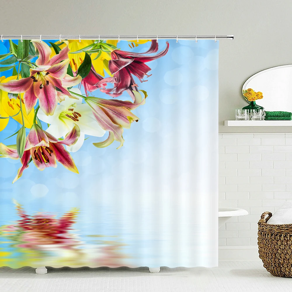 Flowers Plant Fresh Pattern Shower Curtains Waterproof Fabric Bathroom