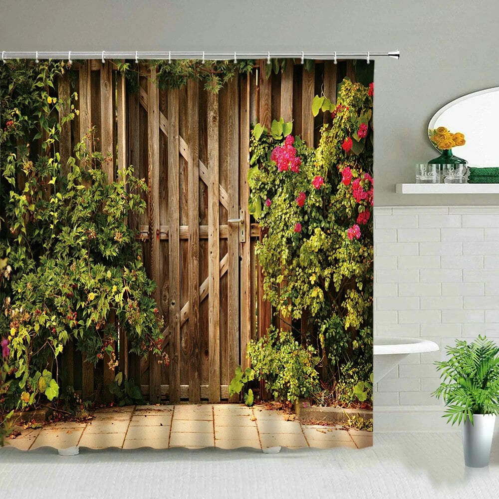 Flowers Plant Scenery Shower Curtains Set Floral Green Leaf Landscape ...