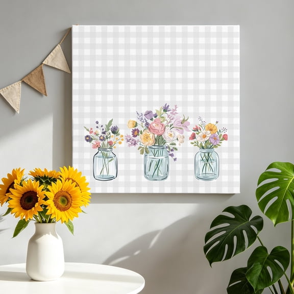 Flowers Plants Canvas Wall Art Framed Wall Decor for Living Room Bedroom Bathroom, Watercolor Spring Floral Farmhouse Leaves Gray Plaid Canvas Pictures Ready to Hang Decor, 8"x8"