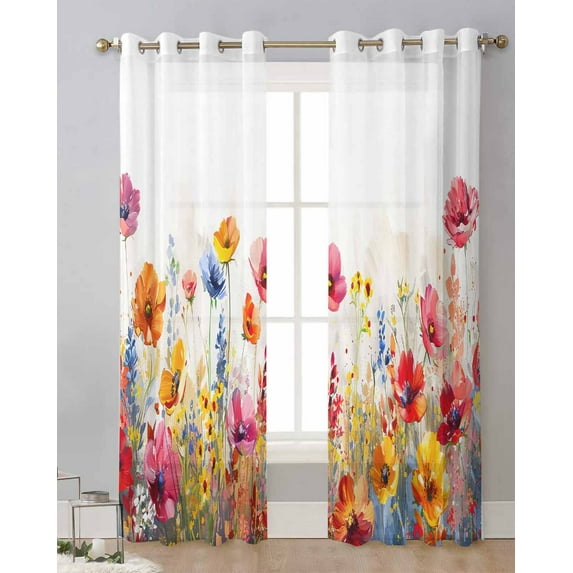 Flowers Plants Watercolor Leaves Sheer Curtains For Living Room Window Transparent Voile Tulle Cortinas Drapes Home r