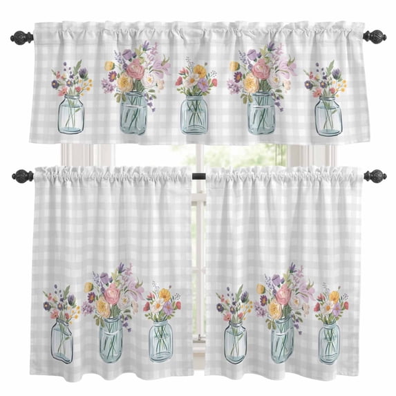 Flowers Plants Window Curtains Valance Set of 3 Watercolor Spring ...
