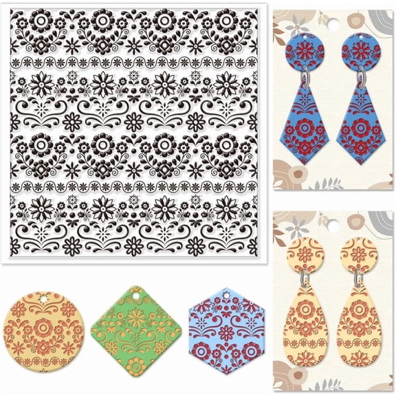 Flowers Polymer Clay Texture Sheets Folk Artistic Pattern Texture Stamp Sheets Silicone Texture Stamp Clay Texture Mat Texture Sheets DIY