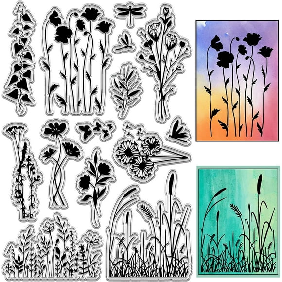 Flowers Poppy Spring Clear Rubber Stamps Retro Vintage Leaf Plant Reusable Transparent Silicone Stamp Seals for Journaling Card Making Scrapbooking Photo Album Decorative DIY