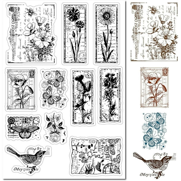 Flowers Postcard Clear Rubber Stamp Poppy Moth Birds Butterfly Plants Vintage Transparent Silicone Seals Stamp for Journaling Card Making DIY Scrapbooking Handmade Photo Album Notebook Decor DIY