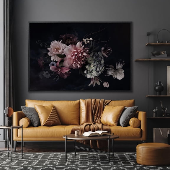 Flowers Poster Floral Wall Art Floristic Poster Peony Bouquet Botanical Poster Peonies Poster Dark Floral Wall Art, Stretched Canvas Size 16x24