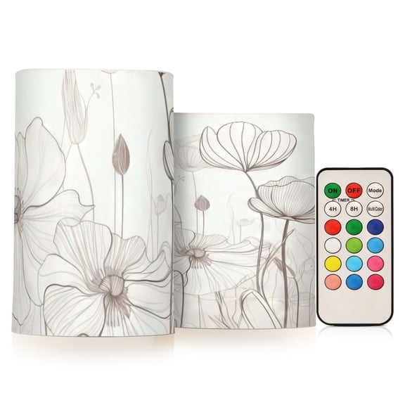 Flowers Print Flickering Flameless Candles Battery Operated with Remote Timer LED Pillar Candles Set of 2