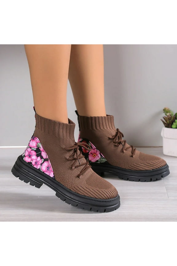 Flowers Print Sock Boots Knitted Mesh Shoes Breathable High-top Elastic Slip-on Shoes For Women Autumn Winter Ankle Boots