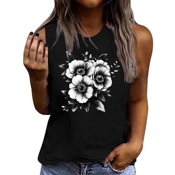 Flowers Print Tank Top for Women Summer Sleeveless Tops Casual Cute Graphic Tanks Loose Fit Vintage Vacation Shirt