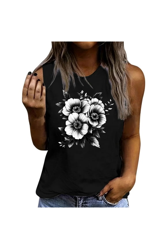 Flowers Print Tank Top for Women Summer Sleeveless Tops Casual Cute Graphic Tanks Loose Fit Vintage Vacation Shirt