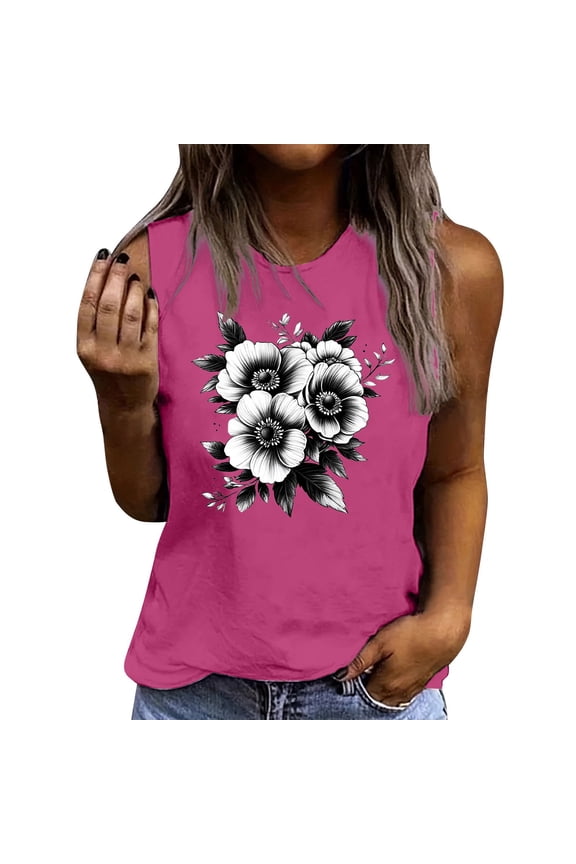 Flowers Print Tank Top for Women Summer Sleeveless Tops Casual Cute Graphic Tanks Loose Fit Vintage Vacation Shirt
