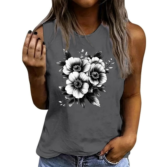 Flowers Print Tank Top for Women Summer Sleeveless Tops Casual Cute Graphic Tanks Loose Fit Vintage Vacation Shirt