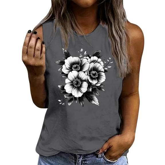 Flowers Print Tank Top for Women Summer Sleeveless Tops Casual Cute Graphic Tanks Loose Fit Vintage Vacation Shirt