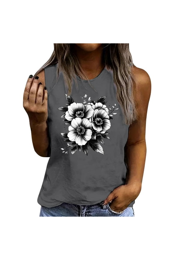 Flowers Print Tank Top for Women Summer Sleeveless Tops Casual Cute Graphic Tanks Loose Fit Vintage Vacation Shirt