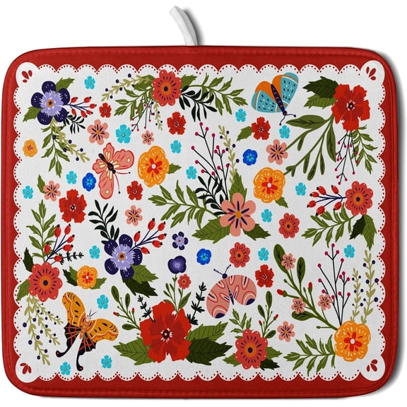 Flowers Printed Dish Drying Mat Floral Coffee Mat for Kitchen Counter Small