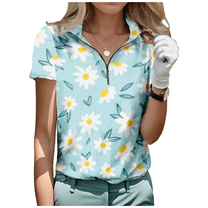 Flowers Printed Half Zip T-shirt Women's Stand Collar Short Sleeve Casual Golf Shirt