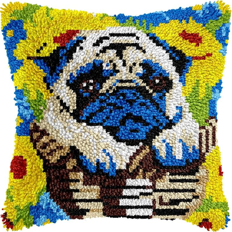Flowers Pug Dog Latch Hook Pillow Kits Pillow Cover Pattern Printed Canvas Crochet Cross Stich Hooking Pillowcase Cushion Crafts Embroidery Latch Hooking Crochet Kits Set 17x17 inch(65)