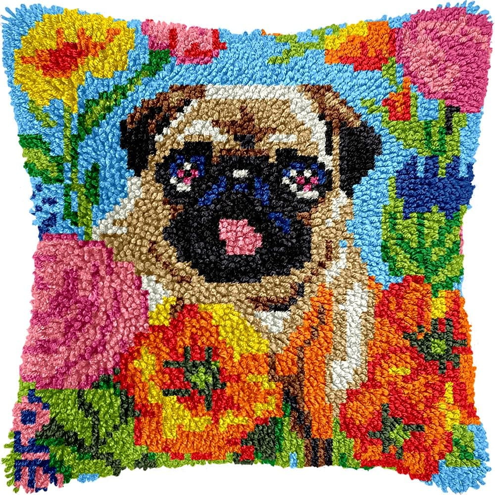 Flowers Pug Latch Hook Pillow Kits for DIY Throw Pillow Cushion Embroidery Latch Hooking Pillowcase Kits with Preprinted Canvas Crochet Yarn Kits for Home Decor 17''X 17''(d299)