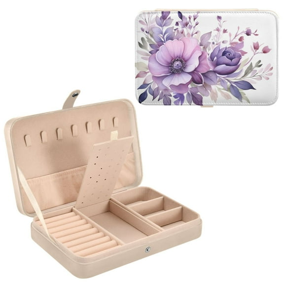 Flowers Purple Jewelry Box PU Leather Travel Small Jewelry Organizer Women Earrings Necklace Bracelet Storage Holder Rectangle Case