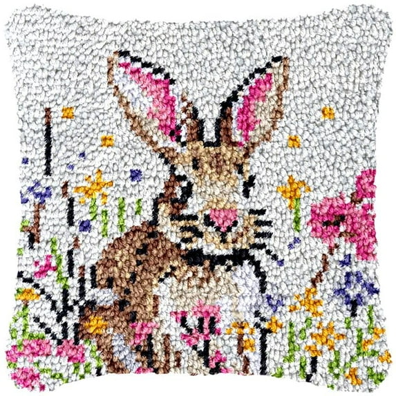 Flowers Rabbit Latch Hook Pillow Cover Kits for DIY Handmade Throw Pillow Cross Stitch Latch Hook Pillowcase Rug Kits with Preprinted Color Pattern Canvas Crochet Yarn Kits 17''X 17''(bs135)