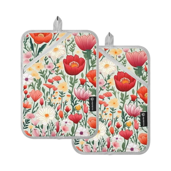 Flowers Red Pot Holders Set of 2 Heat Resistant Kitchen Oven Gloves Potholder Cooking Baking Microwave Mitts