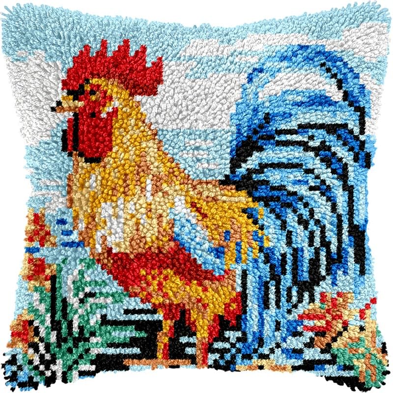 Flowers Rooster Latch Hook Pillows Kits Cushion Pillow Cover with Pattern Printed Canvas Sofa Hooking Pillowcase Crafts Embroidery Latch Hooking Crochet Kits Set 17x17 inch(1)