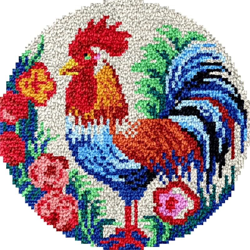 Flowers Rooster Round Shape Latch Hook Rug Kits Set for Starter Crochet Hook Cushion Mat Sofa Seat Cushion Crocheting Kits with Preprinted Canvas Crochet Yarn Kits 50X50CM (fi13)