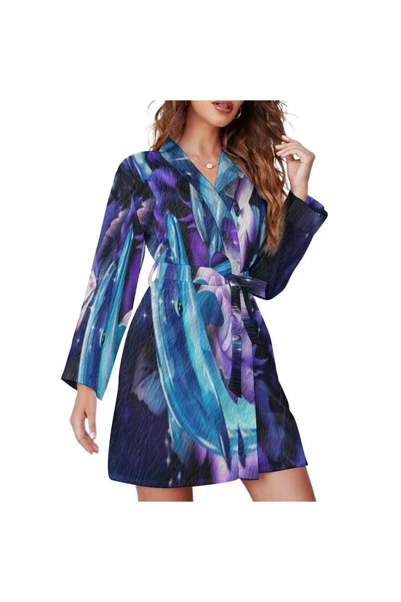 Flowers Rose Purple Night Robe Long Sleeve V Neck Robe With Belt Women's Sleepwear Dresses
