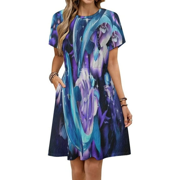 Flowers Rose Purple Short Sleeve Dress Women Summer Evening Dresses Ladies Sundress