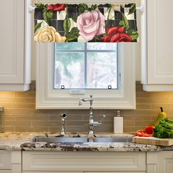 Flowers Roses Grids Curtain Valances Farmhouse Design Window Treatment Decor Blackout Rod Pocket for Windows Living Room Kitchen 54" x 18"