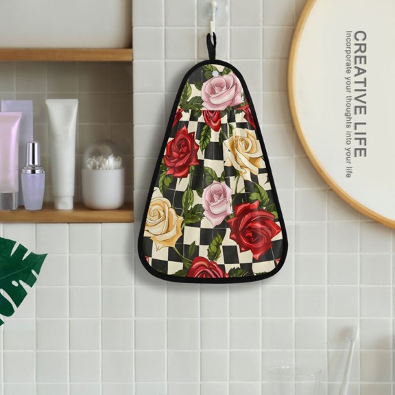 Flowers Roses Grids Hanging Towel Kitchen Hand Towel Bathroom Absorbent Towel Machine Washable Quick Dry Dishcloths