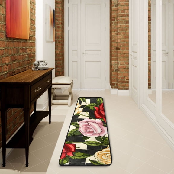 Flowers Roses Grids Runner Rug Ares Rug Non-Slip Laundry Rug 7224 inch Soft Washable for Bedroom Bathroom Kitchen Living Room