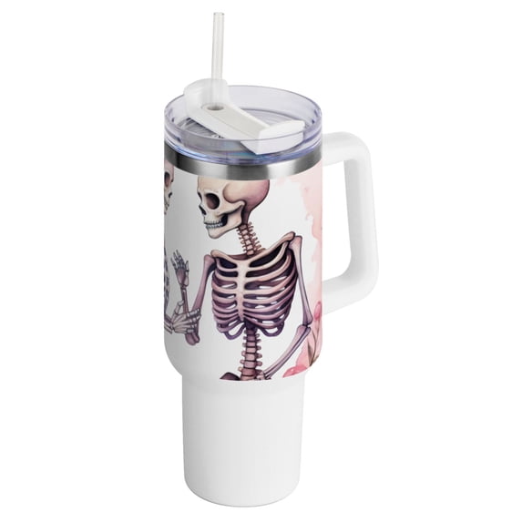 Flowers Roses Heart Human Skeleton 40 oz Tumbler with Handle Insulated Travel Mug Lid Straw Leak Proof Steel Vacuum Water Bottles Glasses Fits in Car Cup Holder