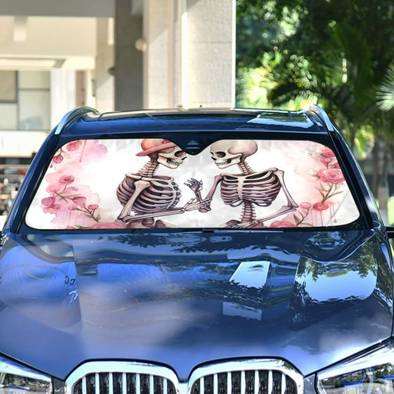 Flowers Roses Heart Human Skeleton Automotive Front Car Windshield Sun Shade Reflector Foldable for Front Fit for Cars Truck SUVs