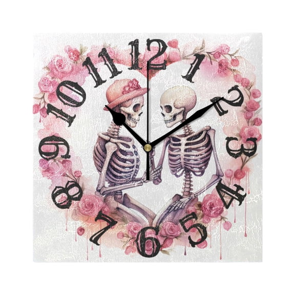 Flowers Roses Heart Human Skeleton Wall Clock Square Silent Non Ticking Battery Operated Clock for Home Bathroom Kitchen Bedroom Living Room