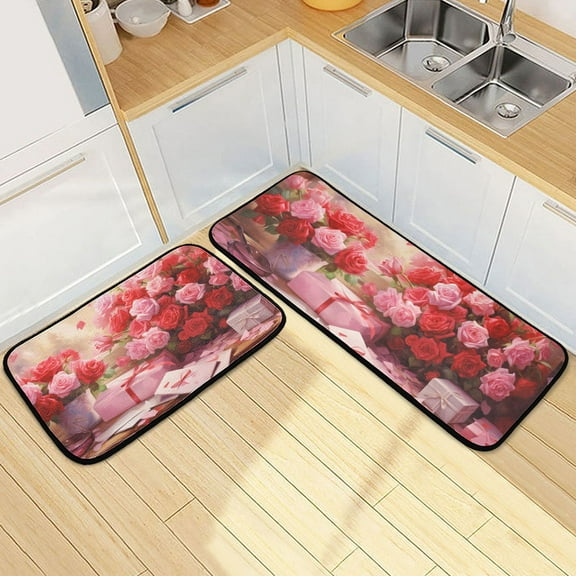 Flowers Roses Kitchen Rugs Set of 2 Non Slip Floor Foam Mat Cushioned Soft Waterproof Carpet Runner for Dining Room Laundry