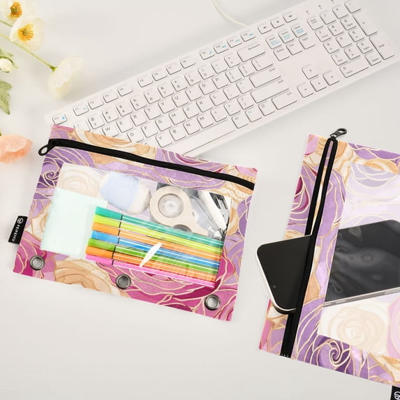 Flowers Roses and Floral 2 Pack Pencil Pouches Zipper Pencil Case 3 Ring Pencil Pouch Cosmetic Bag