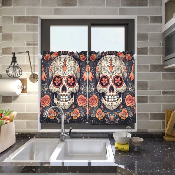 Flowers Roses in Human Skeleton Kitchen Curtains Half Tier Curtain 2 Rod Pockets Bathroom Bedroom Cupborad Living Room 27"x24"