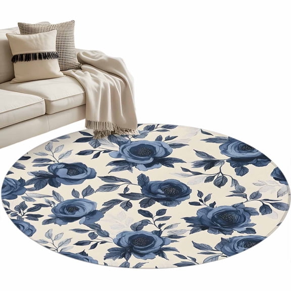 Flowers Round Area Rug 3ft Vintage Blue Roses Leaves Watercolor Nostalgia Beige Bottom Non-Slip Washable Circle Rugs Soft Felt Indoor Floor Mat for Bedroom Kitchen Living Room Bathroom