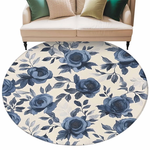 Rose Blue Rug Flowers Round Area Rug 5ft Vintage Blue Roses Leaves Watercolor ...