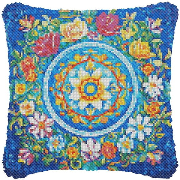 Flowers in Round Cross-Stitch Pillow DIY Kit Fully Openable Zipper Design Pillowcase 11CT Counted Needlepoint Handmade Cushion Pre-Printed Pattern Eco-friendly Cotton and Linen 45x45cm