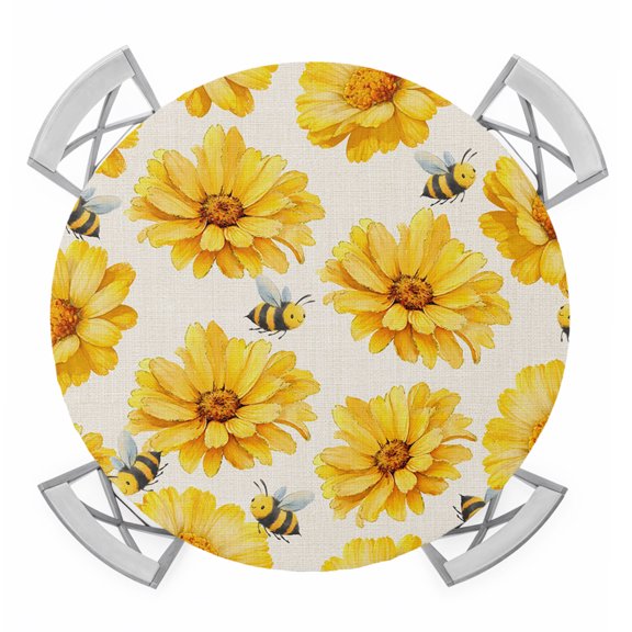 Flowers Round Table Cover, Spring Gold Daisy Floral Bee Linen Texture Waterproof Fitted Tablecloths for 36"-44" Tables, Washable Picnic Table Cover for Camping Dining Indoor Outdoor