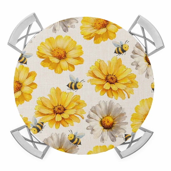 Flowers Round Table Cover, Spring White Gold Daisy Floral Bee Linen Texture Waterproof Fitted Tablecloths for 36"-44" Tables, Washable Picnic Table Cover for Camping Dining Indoor Outdoor