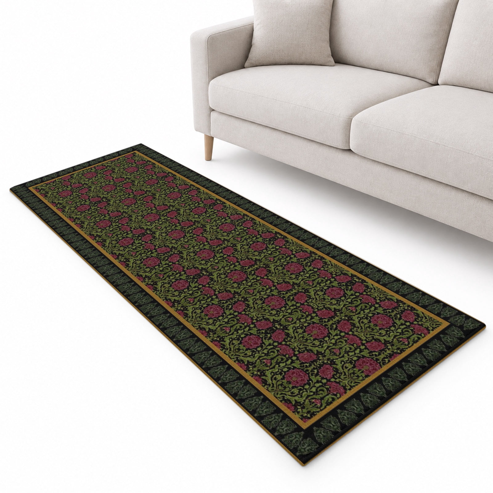 Flowers Runner Rug 2.6'x10', Abstract Dark Red Rose Floral Boho Border ...