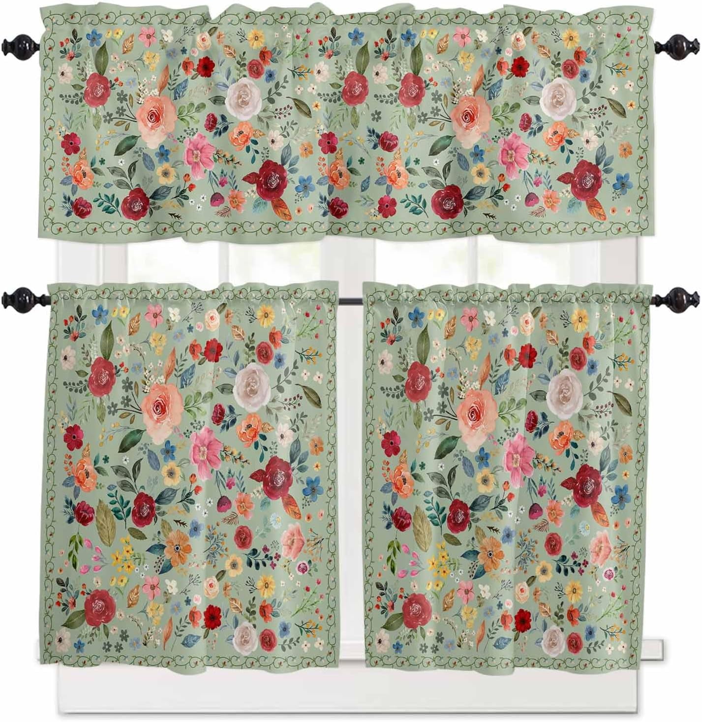 Flowers Sage Green Kitchen Curtains and Valances Set, Rod Pocket Curtains Tier Farmhouse Window Curtains 24 Inch Length, Botanical Colorful Floral Leaves 3 Piece Kitchen Curtains Set