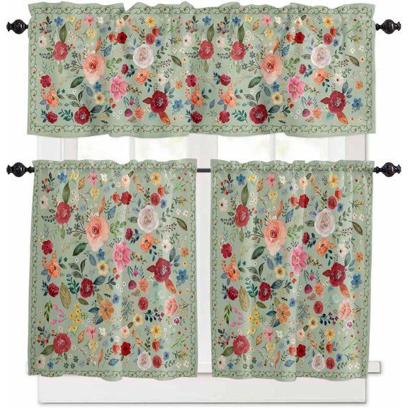 Flowers Sage Green Kitchen Curtains and Valances Set, Rod Pocket Curtains Tier Farmhouse Window Curtains 24 Inch Length, Botanical Colorful Floral Leaves 3 Piece Kitchen Curtains Set