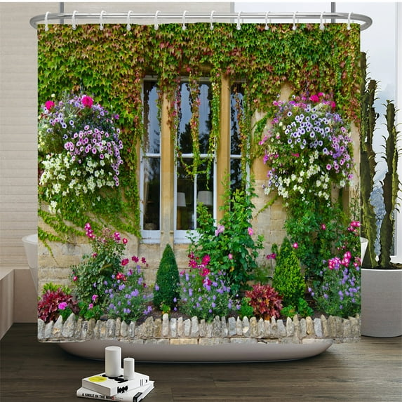 Flowers Scenery Waterproof Shower Curtains Rural Street Flowers Bathroom Curtains Polyester Fabric Washable r Bath Curtains