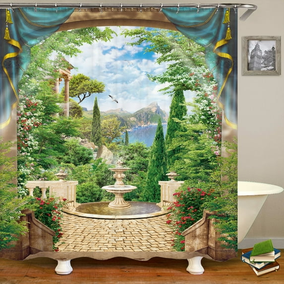Flowers Scenery Waterproof Shower Curtains Rural Street Flowers Bathroom Curtains Polyester Fabric Washable r Bath Curtains