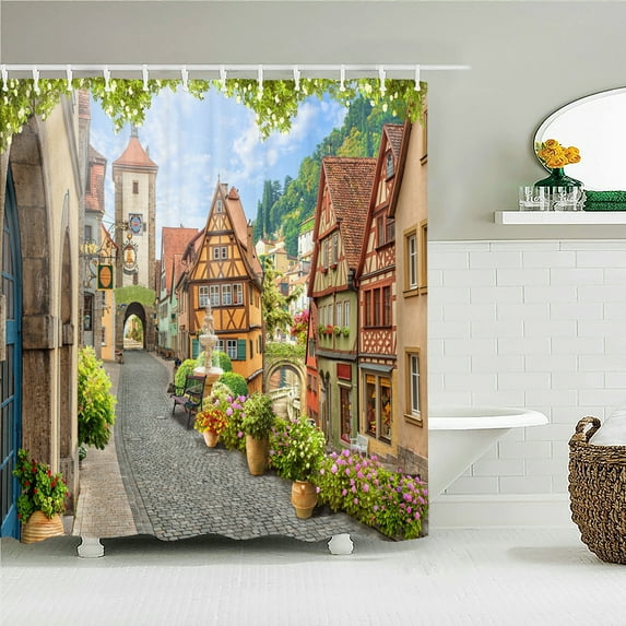Flowers Scenery Waterproof Shower Curtains Rural Street Flowers Bathroom Curtains Polyester Fabric Washable r Bath Curtains